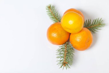 Mandalinalar bir piramidin içinde katlanır. Aralarında mavi ladin dalları var. Beyaz arkaplanda.