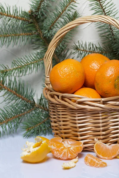 Tangerines in a wicker basket. Next to the basket is peeled mandarin. Visible slices of mandarin and skin from it. Branches of green spruce. On white background. — Stock Photo, Image