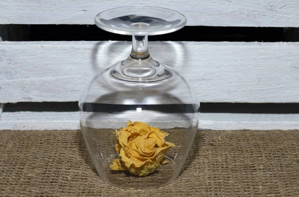 Dried rose flower. It is covered with a wine glass. Stands on linen cloth against the background of a wooden box. — Stock Photo, Image