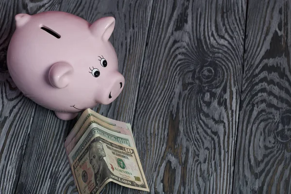 Ceramic piggy bank in the form of a pink pig. Nearby are dollar bills. Against the background of aged wooden boards with a black structure.