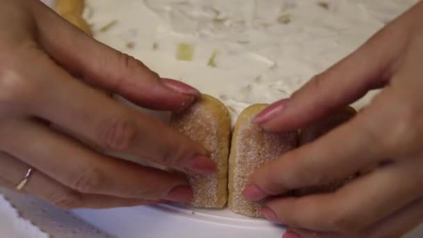 Женщина украшает торт из печенья Савойарди. Нарезает печенье и кладет его в круг торта. Крупный план . — стоковое видео