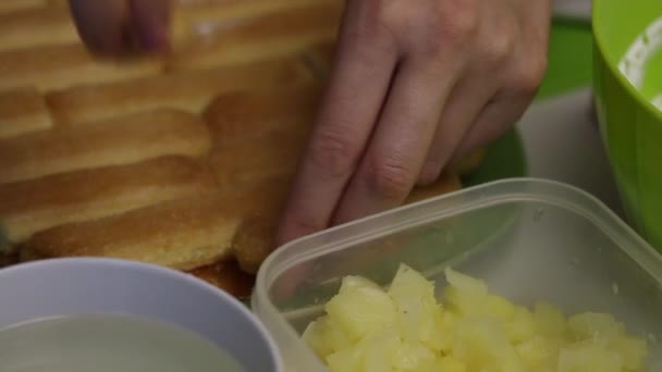 Kobieta robi ciasto z ciasteczek Savoiardi. Zanurz w syropie i umieść ciasteczka w rzędach na podłożu. Niedaleko ananasy i śmietana. — Wideo stockowe