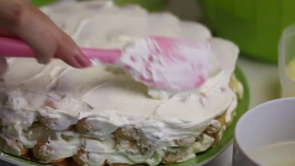 Egy nő tortát süt Savoiardi sütiből. Egy nő több réteg sütit, tejszínt és ananászt tesz bele. Zsíros sütik krémmel — Stock videók