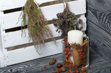 Cam bir kapta büyük bir mum. Koniler, dağ külleri, anason yıldızları, tarçın çubukları dekorasyon için içine dökülüyor. Palamutlar, dağ külleri ve güzel kokulu çimenler etrafa saçıldı. Ayağa kalk.