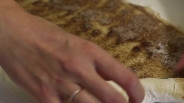 女人用面团做杂烩卷. 面团在桌子表面上展开. 撒满了一层肉桂和糖。 特写镜头. — 图库视频影像