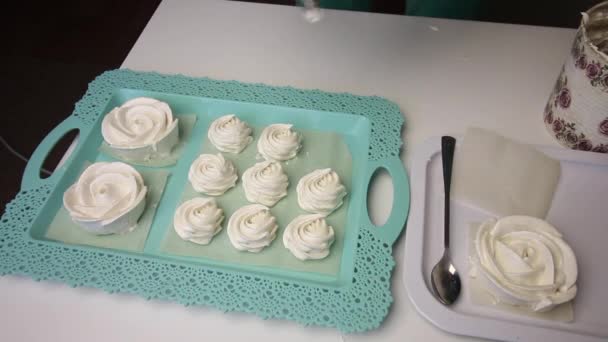 盘子里放着一朵玫瑰花形式的棉花糖.一个女人使用一个糕点袋在它旁边形成了各种形状的棉花糖。排成一排. — 图库视频影像