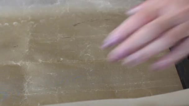 Женщина кладет силиконовый коврик на пекарный лист. Торт из круглого теста. Готовит свежую тортилью . — стоковое видео