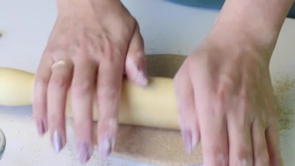 Una mujer enrolla cuidadosamente un pedazo de masa con un rodillo. Prepara una tortilla fresca. Primer plano . — Vídeos de Stock