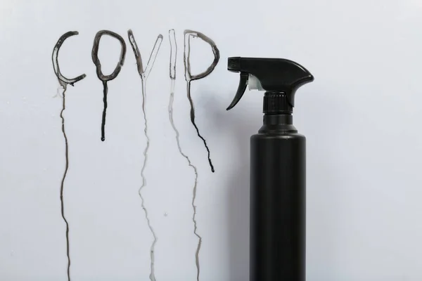 Black Plastic Spray Gun Disinfectant Cowid Inscription Flowed Spray White — Stock Photo, Image