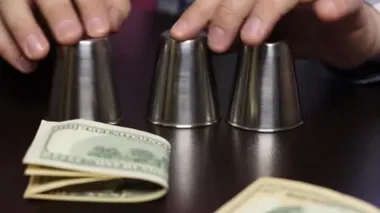 Thimblerig. Oyuncu topu bulamaz ve lider galibiyet dolarlarını alır. Yakın çekim..