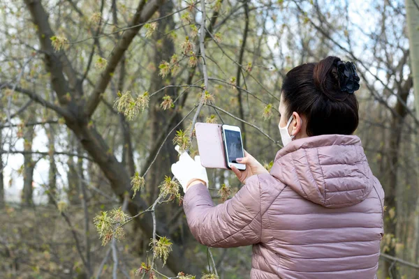 Una Chica Toma Fotos Teléfono Inteligente Parque Primavera Cara Hay — Foto de Stock