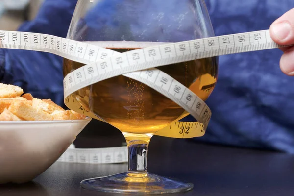 Front Man Glass Beer Wrapped Measuring Tape Which Holds His — Stock Photo, Image