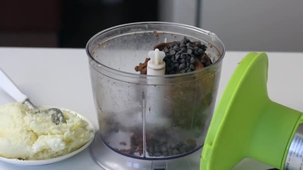 I en mixer skål ligger en brun klump av deg och choklad för att göra en efterrätt. Nära kokosflingor. — Stockvideo