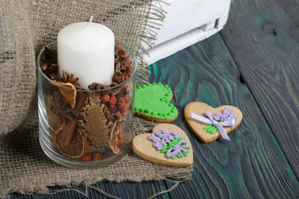 Gingerbread Cookies Decorated Glaze Some Ribbons Tied Bow Nearby Candle — Stock Photo, Image