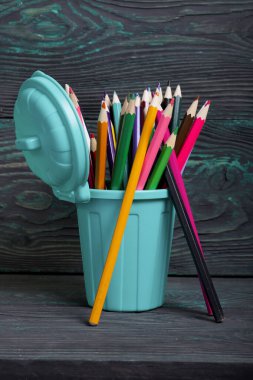 Kalem renkli kalemlerle dolu. Çöp konteynırı şeklinde. Bir kaç kalemin yanında. Siyah ve yeşile boyanmış çam ağaçlarının arka planında.