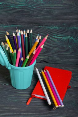 Kalem renkli kalemlerle dolu. Çöp konteynırı şeklinde. Bir defter ve kalemlerin yanında. Siyah ve yeşile boyanmış çam ağaçlarının arka planında.