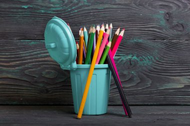 Kalem renkli kalemlerle dolu. Çöp konteynırı şeklinde. Bir kaç kalemin yanında. Siyah ve yeşile boyanmış çam ağaçlarının arka planında.