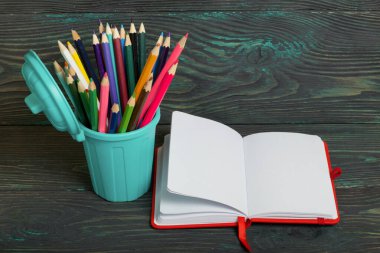 Kalem renkli kalemlerle dolu. Çöp konteynırı şeklinde. Açık bir defterin yanında. Siyah ve yeşile boyanmış çam ağaçlarının arka planında.