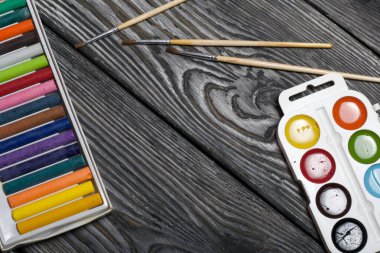 Resim ve fırçalar için suluboya. Pastel kutulu. Beyaz ve siyaha boyanmış çam ağaçlarında yatıyorlar..