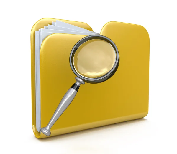 Yellow folder search 3d icon - folder under the magnifier. 3d il — ストック写真