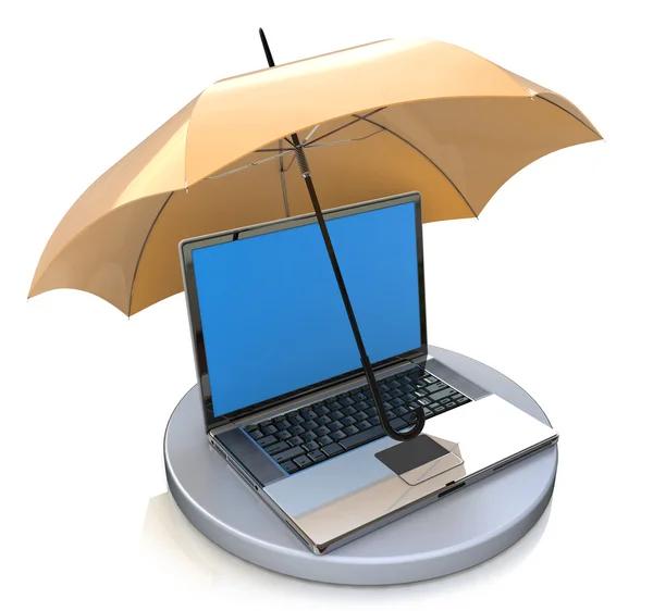 Computer onder bescherming van paraplu. Informatieve beveiliging co — Stockfoto