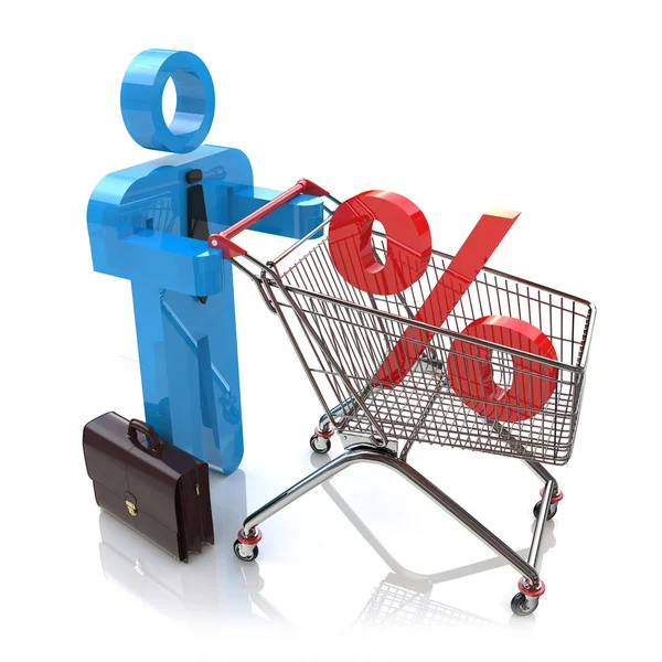 Man pushing a shopping cart with percent — Stock Photo, Image