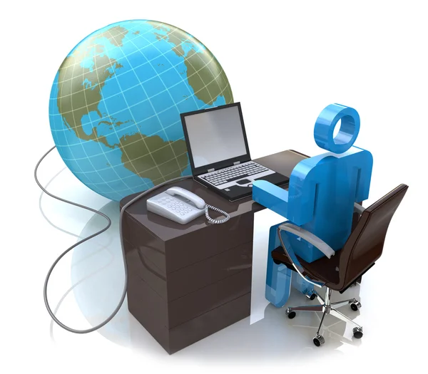 3d adam bilgisayar da çalışan dünya bağlantılı