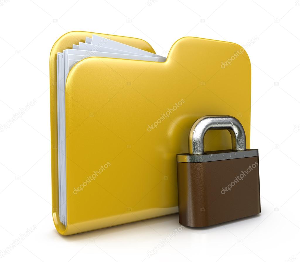 Yellow folder icon and lock. Data security concept. 3d illustrat