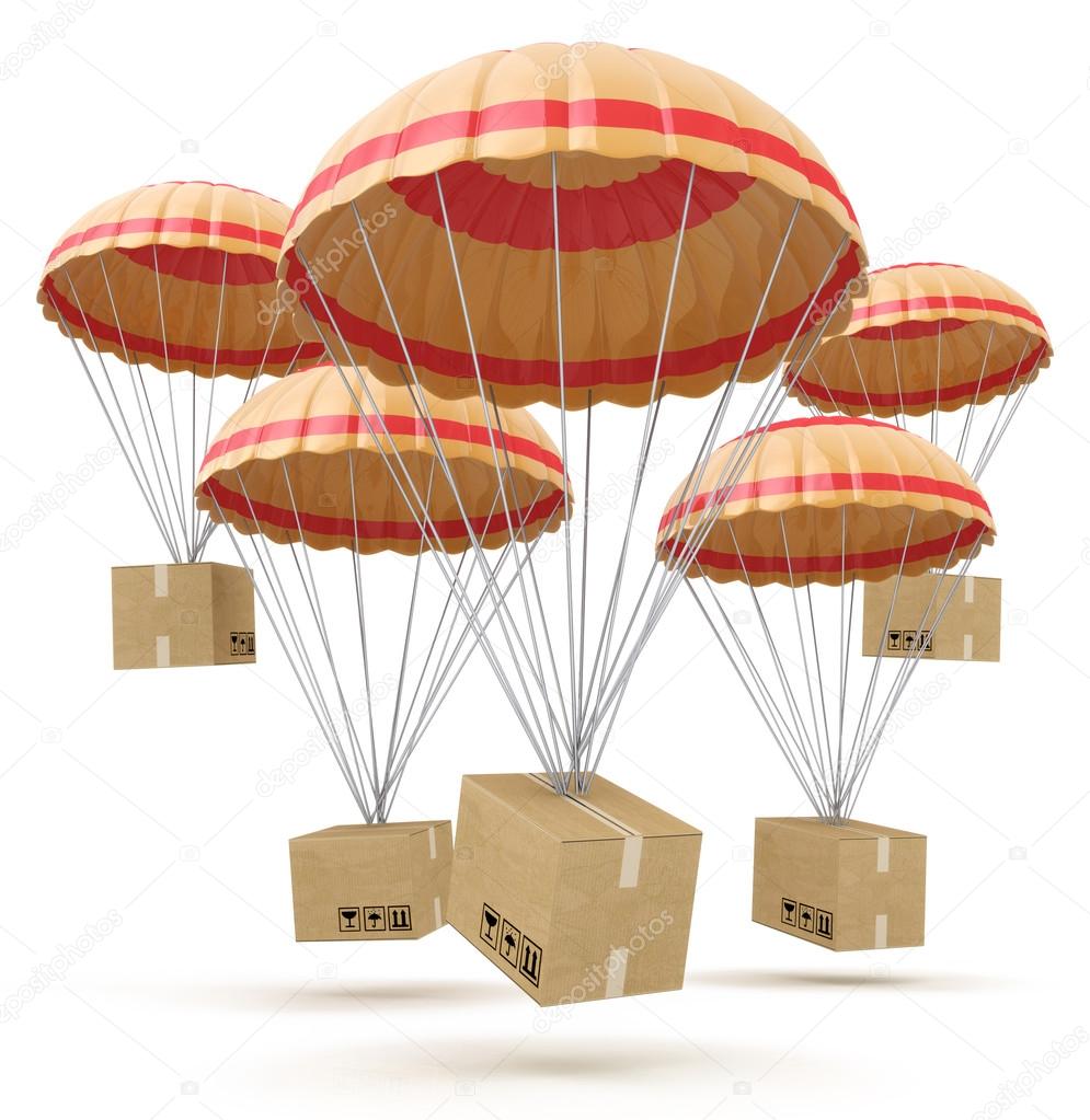 parcels flying down from sky with parachutes, concept for delive