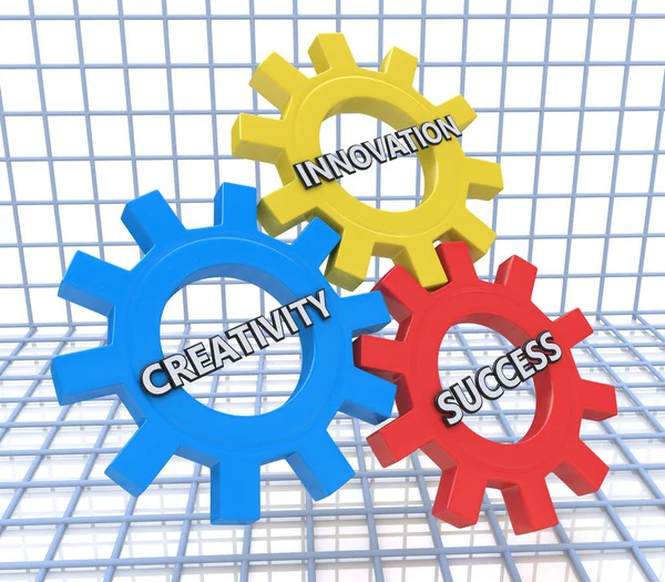 3d render of gears with the words creativity, innovation and suc — Stock Photo, Image
