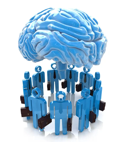 Трехмерный человеко-характер заканчивается голубым мозгом. Forum Mind — стоковое фото