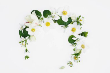 Bahar çiçekleri beyaz bir arka plan üzerinde hilal şeklinde