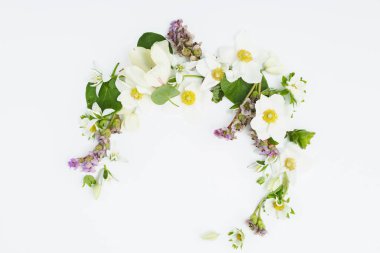 Bahar çiçekleri beyaz bir arka plan üzerinde hilal şeklinde