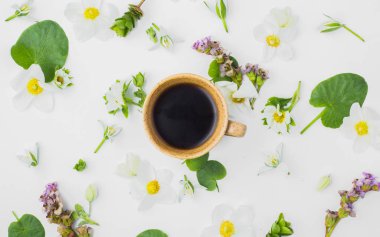 Bahar çiçekleri ve beyaz bir backgrou kahve güzel bir fincan