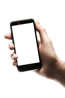 Smartphone, boş ekran beyaz arka planda tutan el