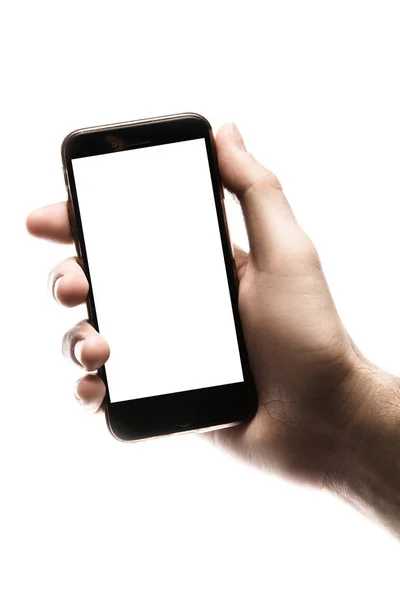 Ręka trzyma smartphone, pusty ekran na białym tle — Zdjęcie stockowe