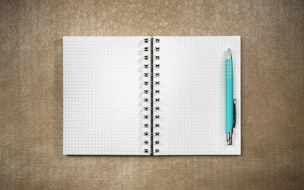 Abra Caderno Página Branco Mesa Papelão Com Caneta Caderno Caderno — Fotografia de Stock