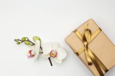 Beyaz arka plan üzerinde orkide çiçek hediye kutusu