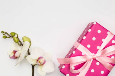 Beyaz arka plan üzerinde orkide çiçek hediye kutusu