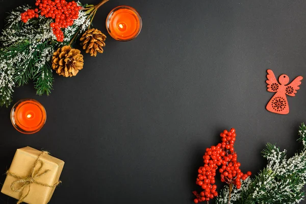 Natale Capodanno Sfondo Con Regali Cervi Stelle Abeti Piatto Laici — Foto Stock