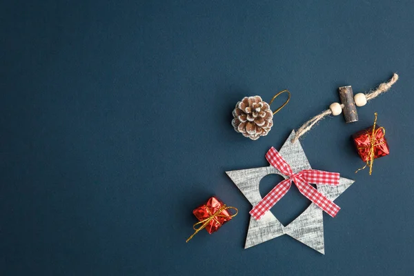 Natale Capodanno Sfondo Con Regali Cervi Stelle Abeti Piatto Laici — Foto Stock