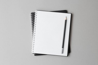 gri arka plan üzerinde kalem ile açık siyah bir dizüstü üst görünümü