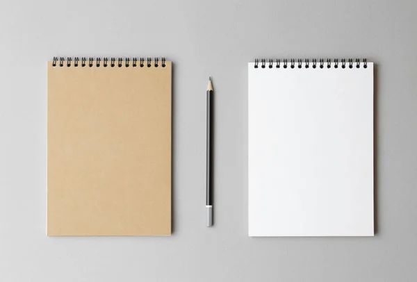 Bovenaanzicht van een open notitieboekje met potlood op een grijze achtergrond — Stockfoto