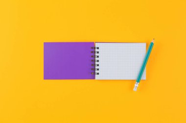 Sarı arka planda düz bir kalem ile dizüstü bilgisayar.