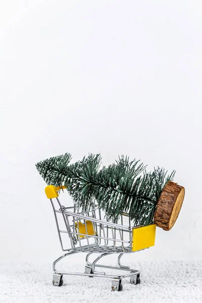 Abeto en el carro de la compra. concepto de Navidad — Foto de Stock