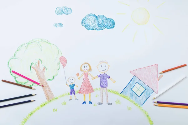 Childs menggambar ibu ayah dan anak — Stok Foto