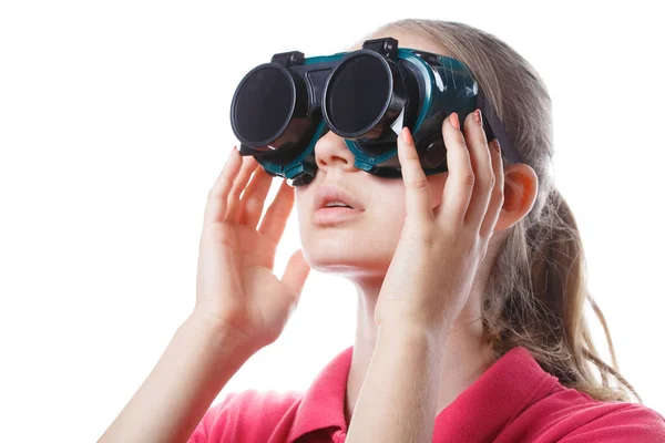Girl in virtual reality glasses playing — Stock Photo, Image