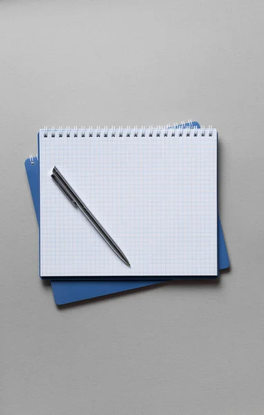 Cuaderno abierto con pluma sobre un fondo gris — Foto de Stock