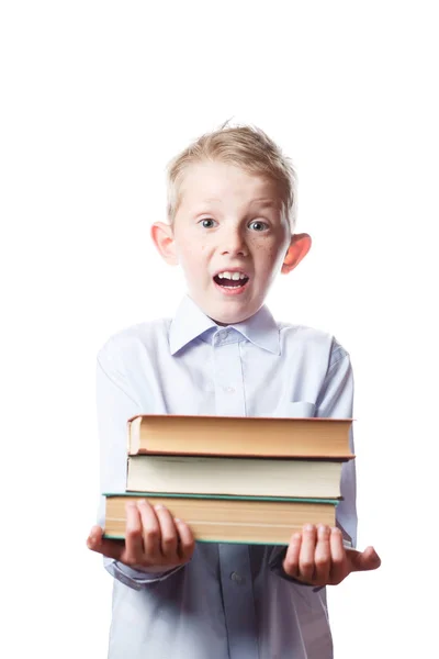 Bange jongen met boeken in handen, portret — Stockfoto