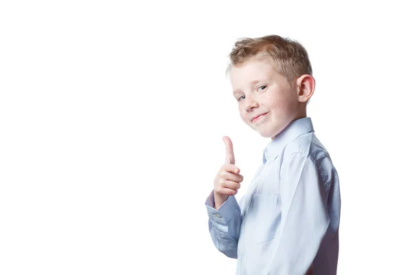 Cheerful little boy showing thumbs up, schoolboy — 스톡 사진